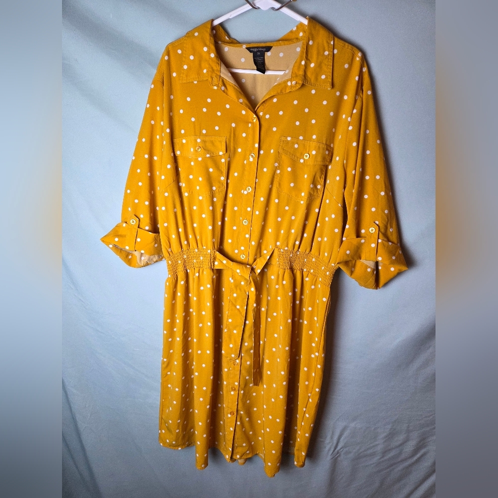 Millenium Sz 3x Mustard Yellow & White Polka Dot Fit N Flare Elastic Waist Dress